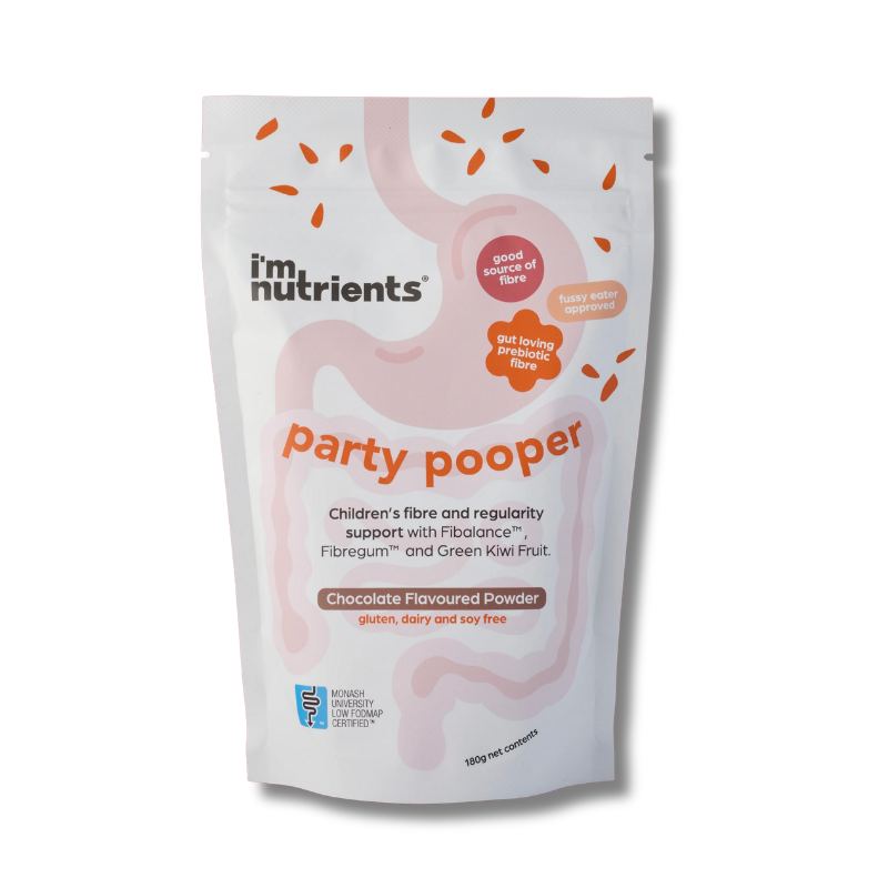 i'm nutrients 'party pooper' children's fibre supplement packaging on a white background