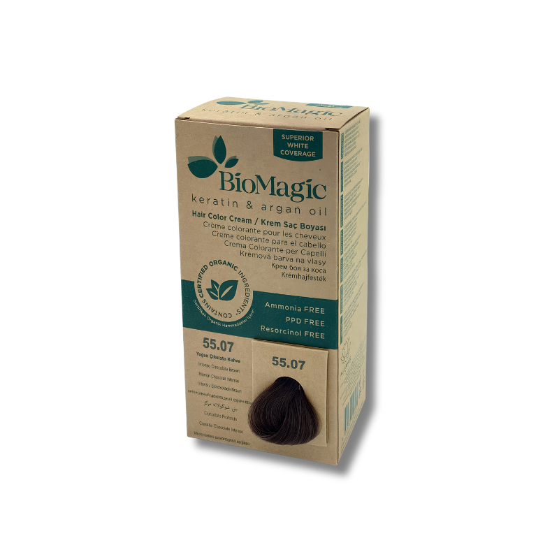 BioMagic hair color cream box with brown hair sample on a white background