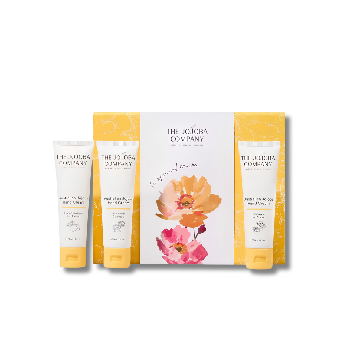 Three tubes of The Jojoba Company Australian Jujube Hand Cream arranged in front of a matching gift box on a white background. The packaging features a white and yellow floral design with orange and pink flowers.