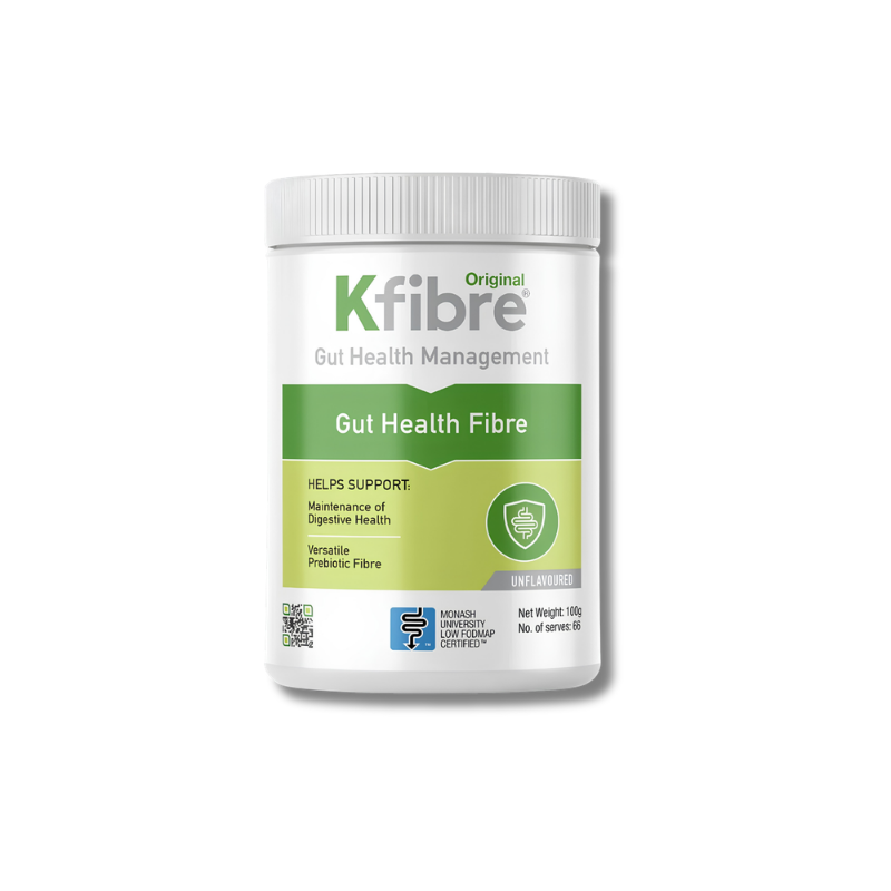 A white plastic tub of Kfibre Original Gut Health Fibre supplement, featuring a white and green label, on a clean white background.