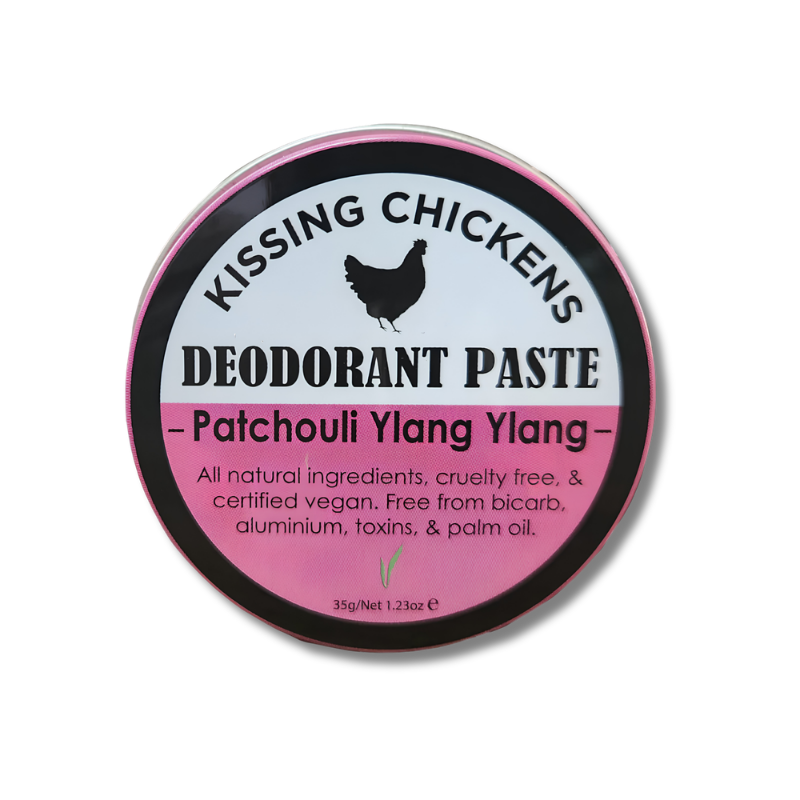 A round tin of Kissing Chickens Deodorant Paste, featuring a white and pink label with a black chicken silhouette, on a solid white background.