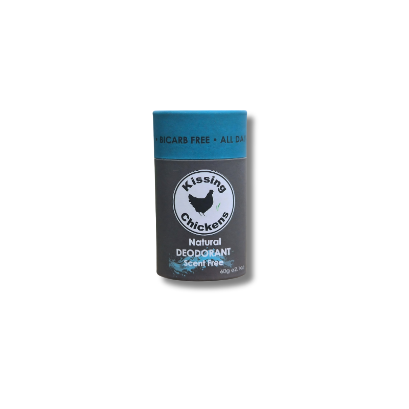 Kissing Chickens Natural Deodorant Scented Stick in a dark gray and teal container, shown on a plain white background.