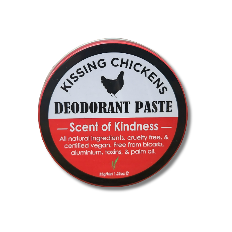 A round tin of Kissing Chickens Deodorant Paste, featuring a red, white, and black label with a black chicken silhouette, on a white background.