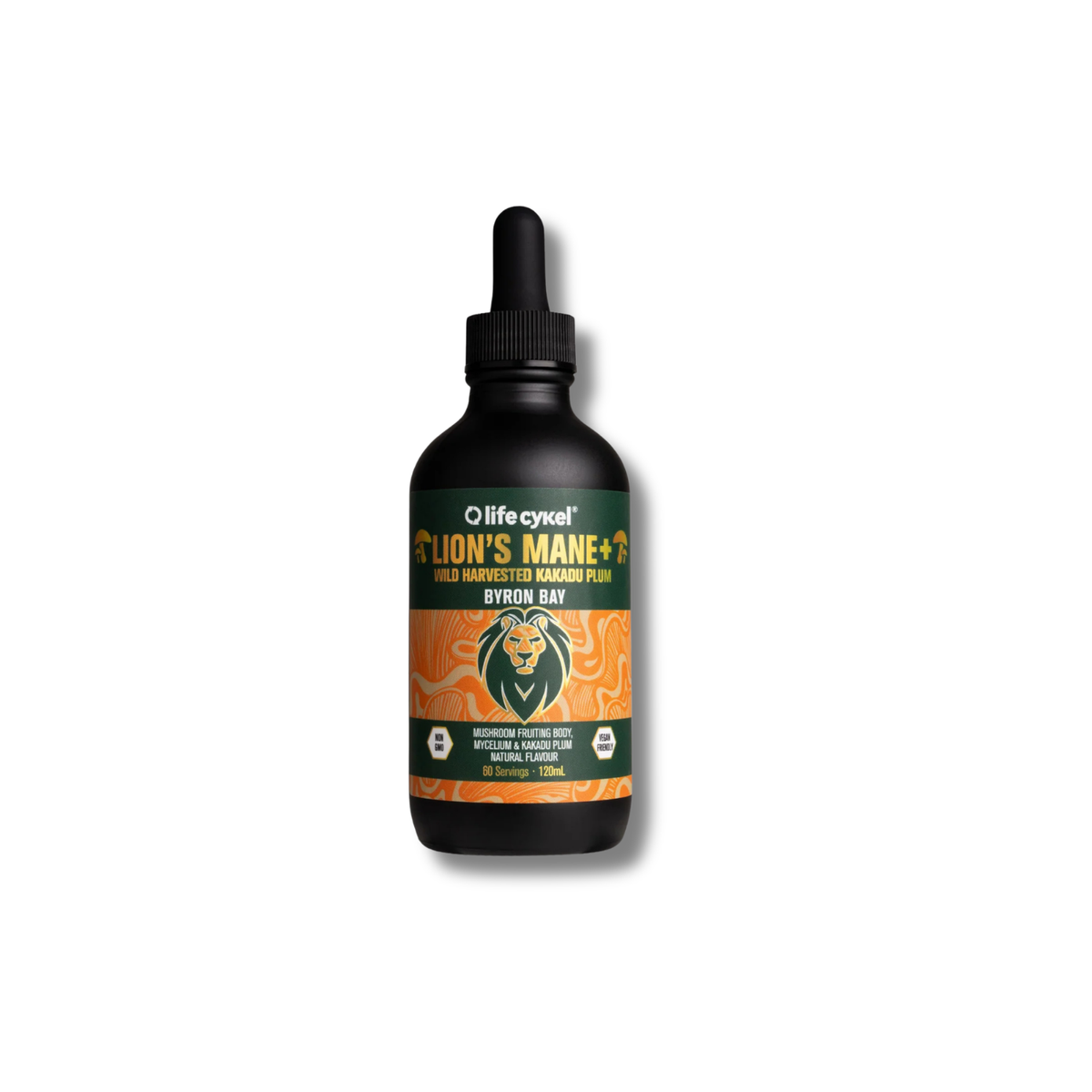 A black dropper bottle of Life Cykel Lion's Mane + supplement, featuring a green and orange label with a lion graphic, set against a plain white background.