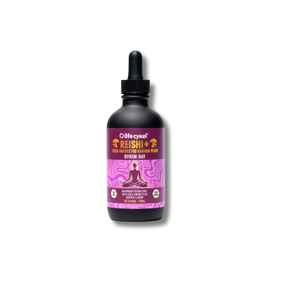A black dropper bottle of Life Cysel Reishi Byron Bay liquid supplement, featuring a purple label with a meditating figure and yellow text, set against a plain white background.