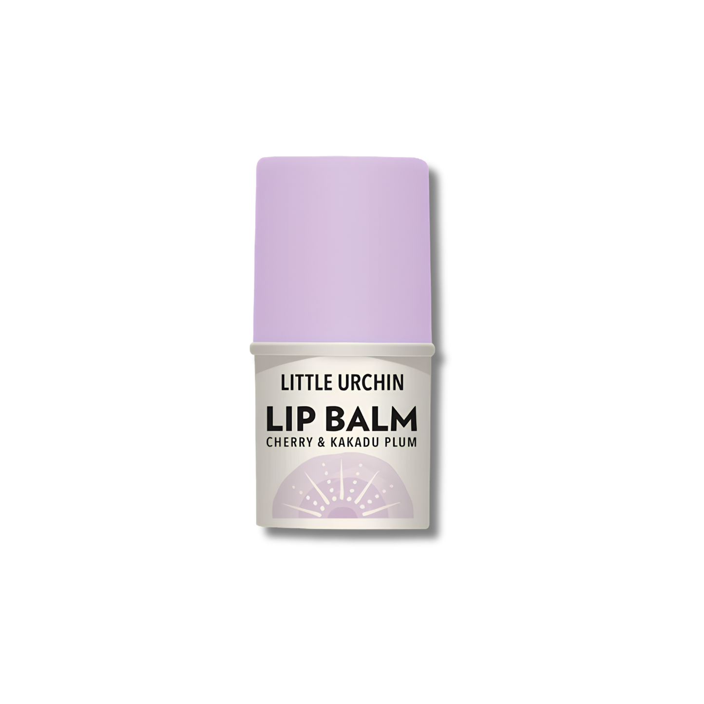 A single tube of Little Urchin Lip Balm in the Cherry & Kakadu Plum scent, featuring a light purple cap and a white label with black text, set against a plain white background.