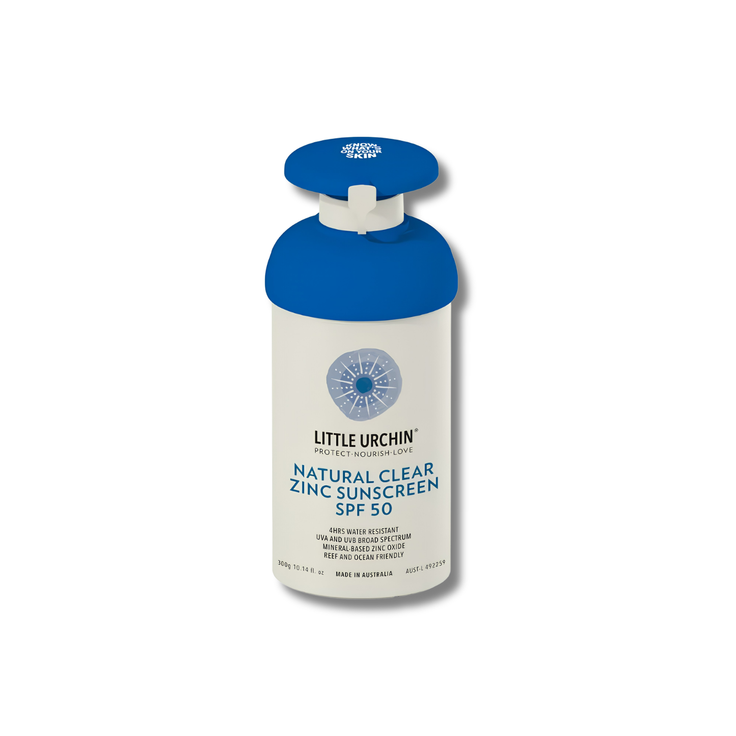 A bottle of Little Urcbin Natural Clear Zinc Sunscreen SPF 50, featuring a white bottle body with blue text and a blue cap, set against a plain white background.
