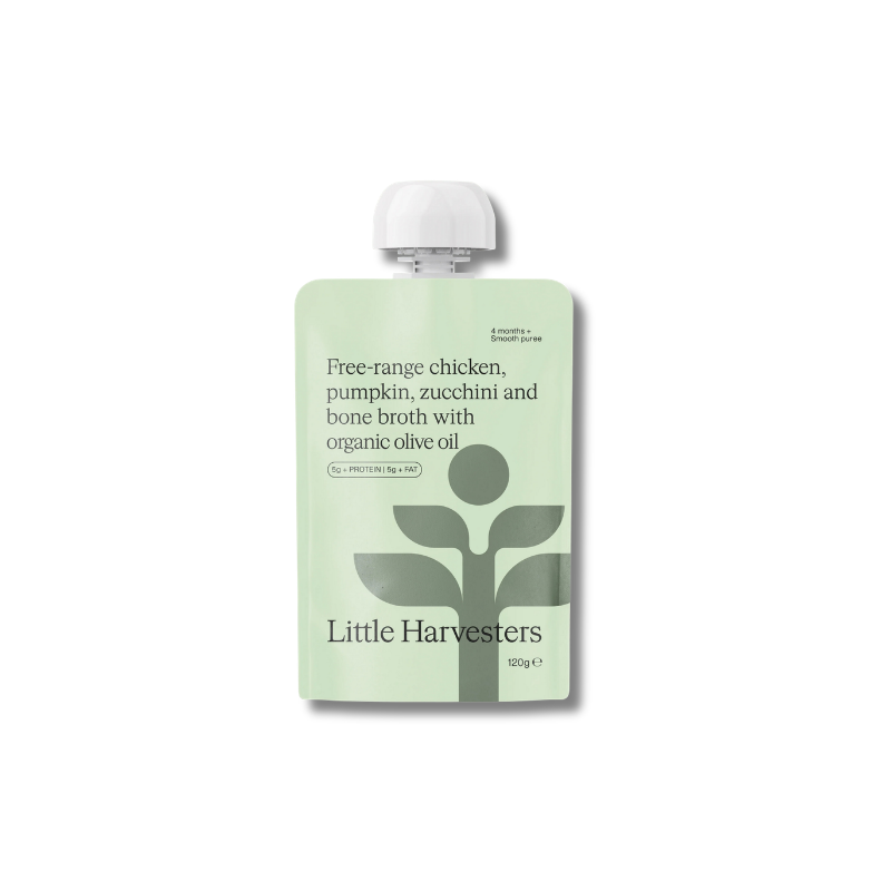 Chicken Pumpkin and Zucchini Baby Purée supports early nutrition as an organic baby food for growing little tummies