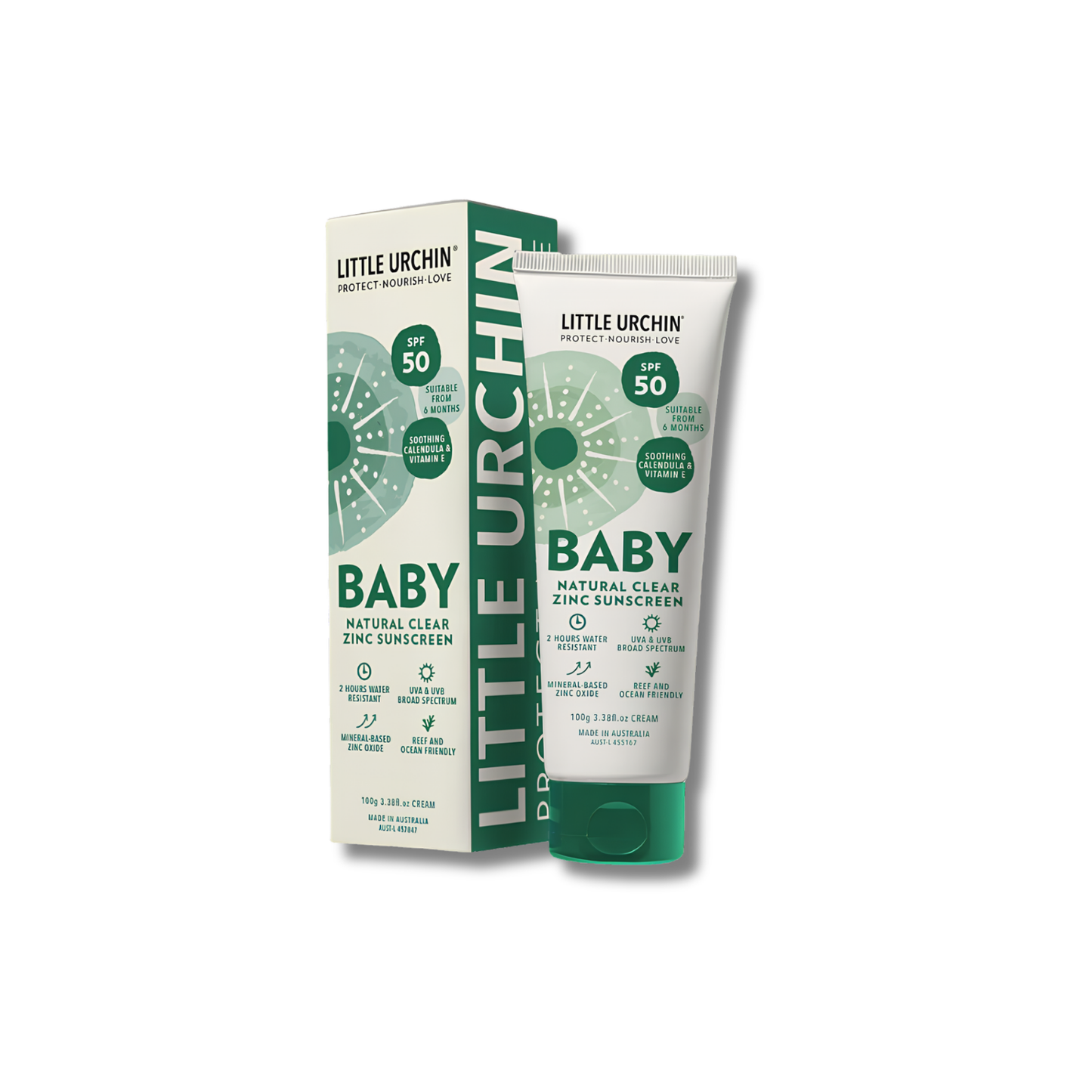 Little Urchin Baby Natural Clear Zinc Sunscreen in a white squeeze tube with a green cap, shown next to its green and white packaging box on a white background.