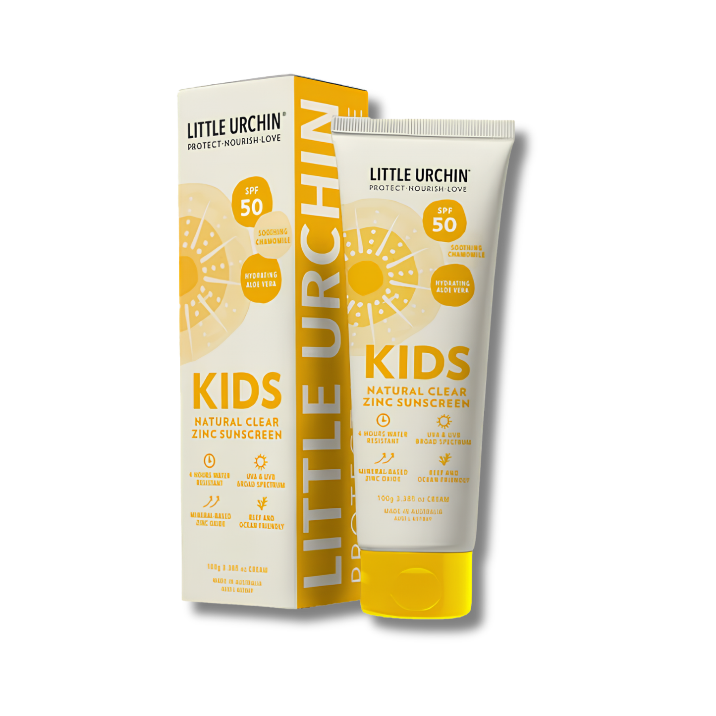 Little Urchin Kids Natural Clear Zinc Sunscreen SPF 50 tube standing next to its matching retail box on a clean white background.