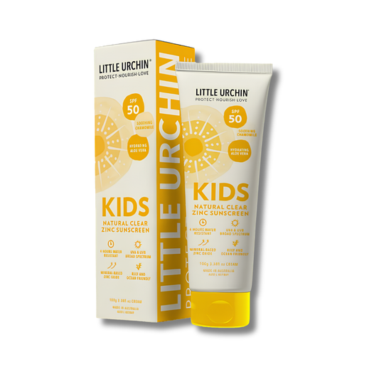 Little Urchin Kids Natural Clear Zinc Sunscreen SPF 50 tube standing next to its matching retail box on a clean white background.