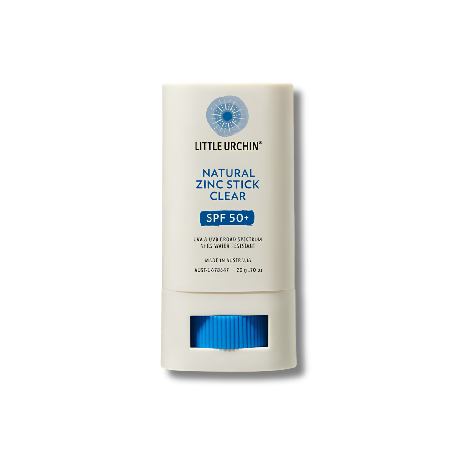 A stick of Little Urchin Natural Zinc Stick Clear SPF 50+ sunscreen, featuring a white container with a blue cap and blue text, set against a plain white background.