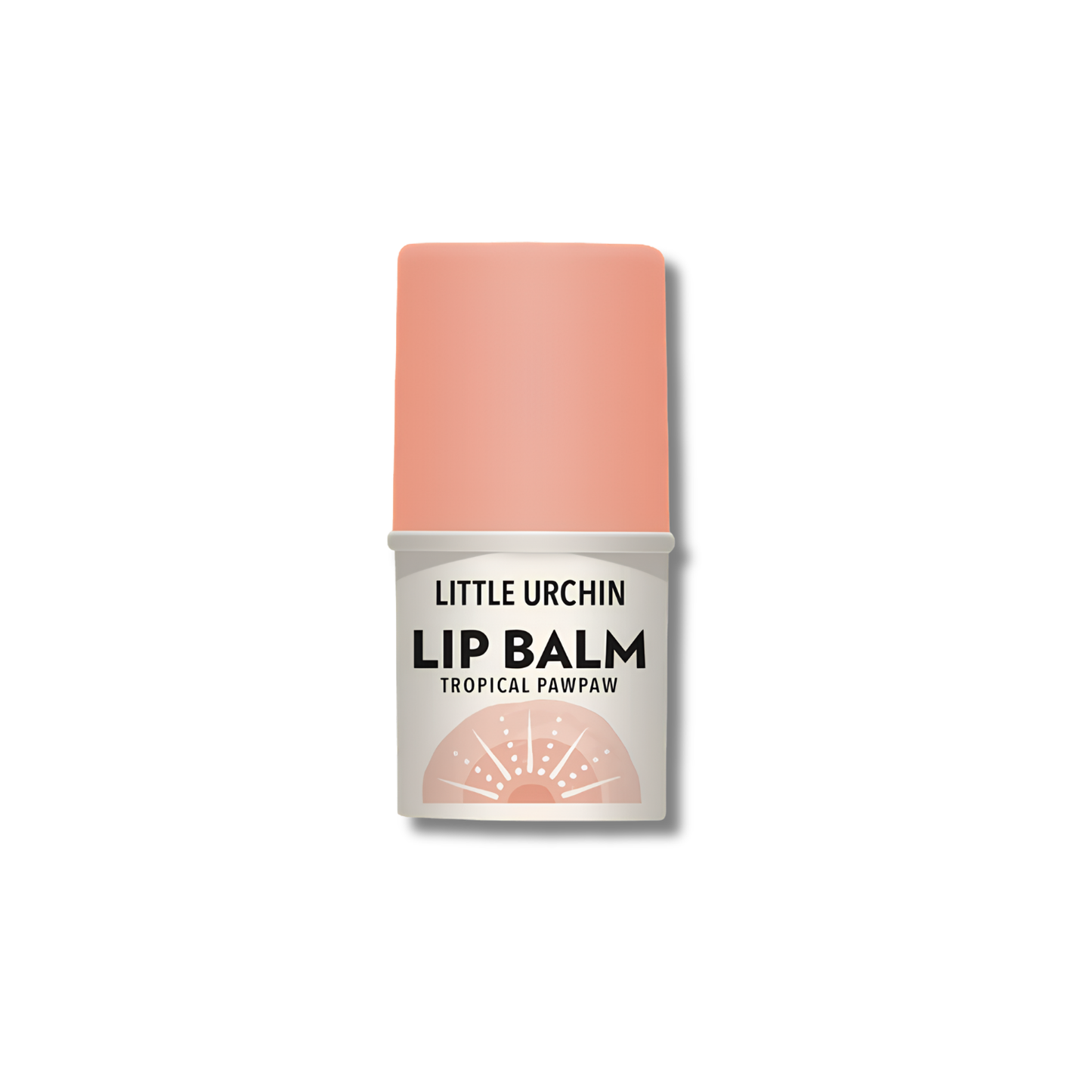A single tube of Little Urchin Lip Balm in the Tropical Pawpa flavor, featuring a pastel peach-pink cap and a white label with black text and a matching pink paw print graphic, set against a plain white background.