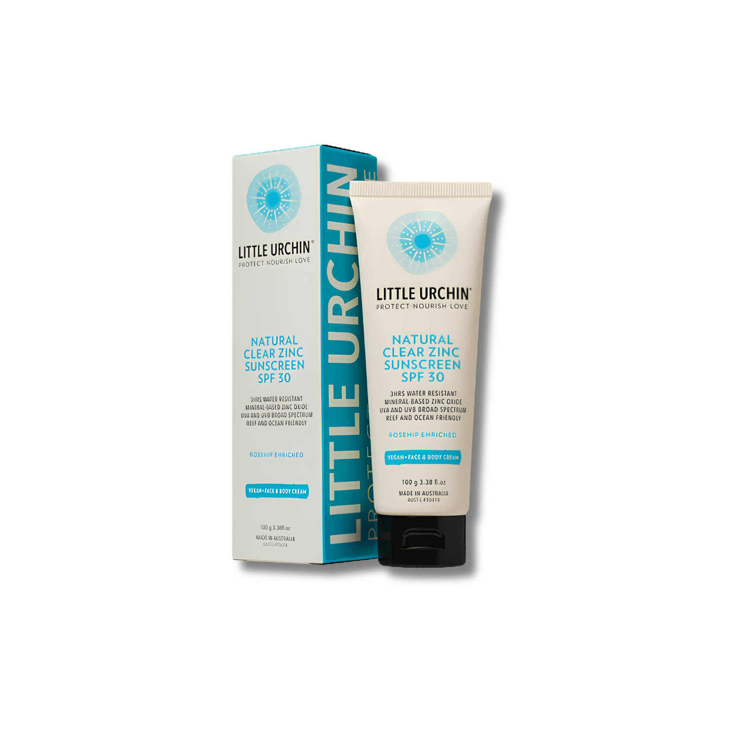 Little Urchin Natural Clear Zinc Sunscreen SPF 50 in a white squeeze tube with a black cap, standing next to its matching white and teal packaging box on a white background.