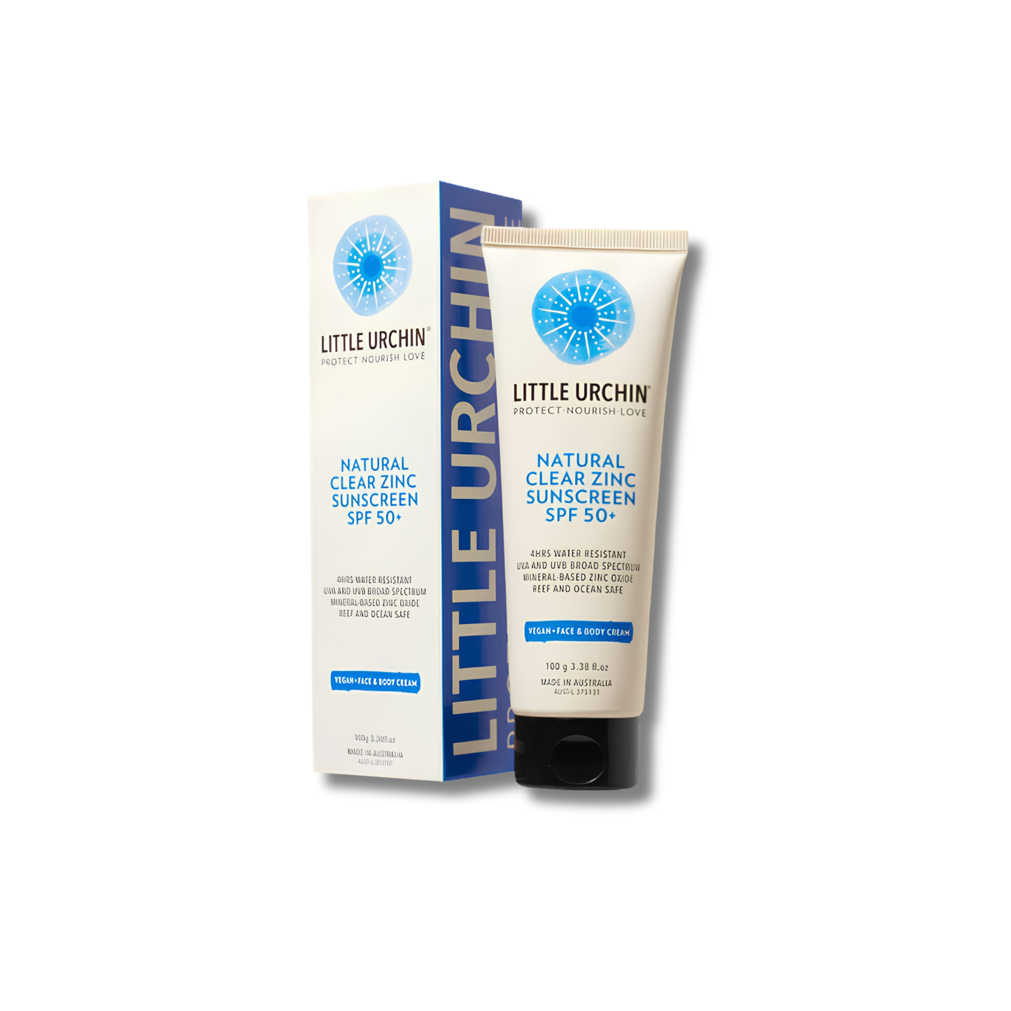 Little Urchin Natural Clear Zinc Sunscreen SPF 50+ in a squeeze tube with its retail box, displayed on a clean white background.