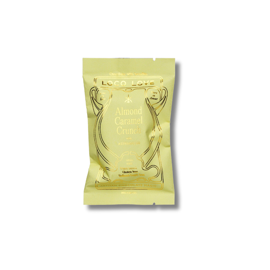 A single stand-up pouch of Loco Love Almond Caramel Crunch chocolate, shown on a plain white background with a soft drop shadow.