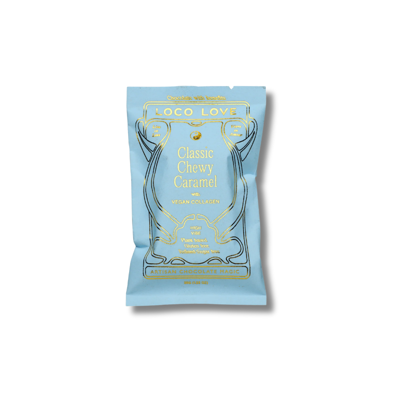 A light blue foil packet of Loco Love Classic Chewy Caramel, featuring elegant gold and dark blue line art on a clean white background.