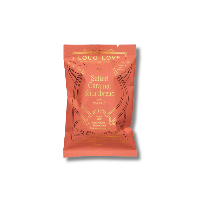 A single stand-up pouch of Loco Love Salted Caramel Shortbread with Sea Salt, shown on a plain white background with a soft drop shadow.