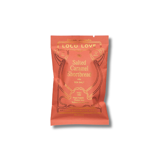 A single stand-up pouch of Loco Love Salted Caramel Shortbread with Sea Salt, shown on a plain white background with a soft drop shadow.
