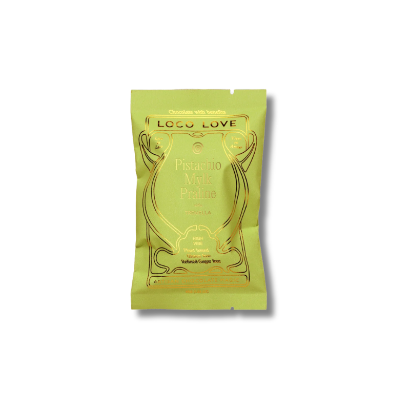 A single packet of Loco Love Pistachio Mylk praline, in a light yellow-green packaging with gold foil lettering and borders, shown on a white background with a soft drop shadow.