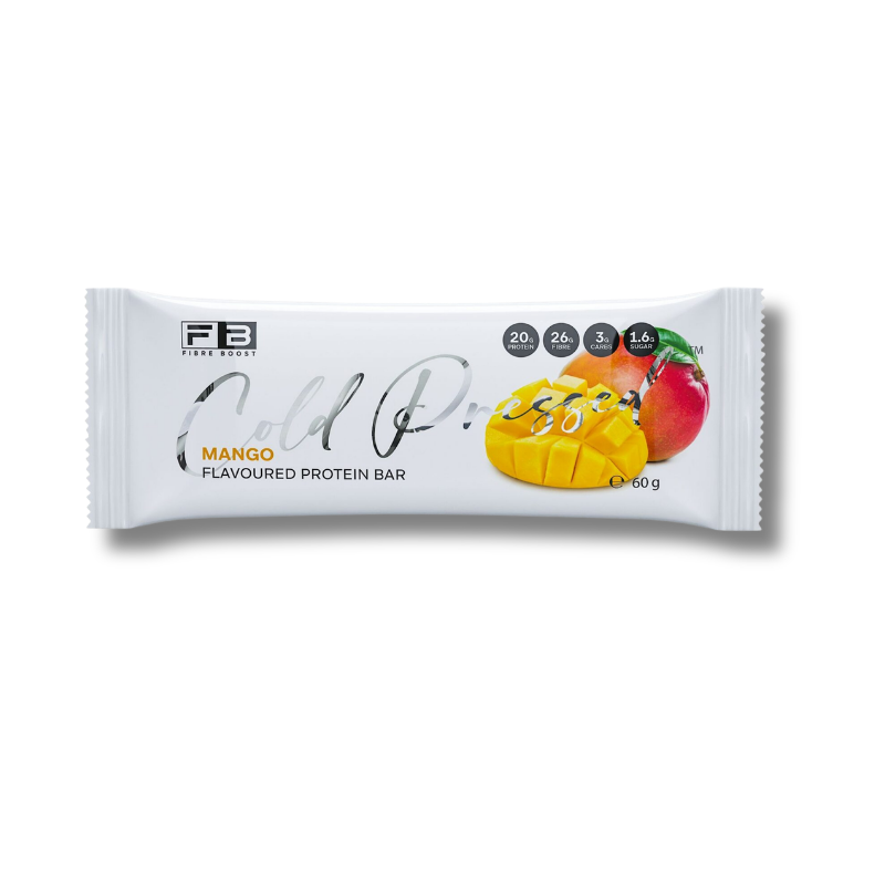 A single FB Fresh Food Mango Flavourable Protein Bar in its white wrapper packaging, featuring a graphic of a sliced mango and a whole mango on a clean white background.