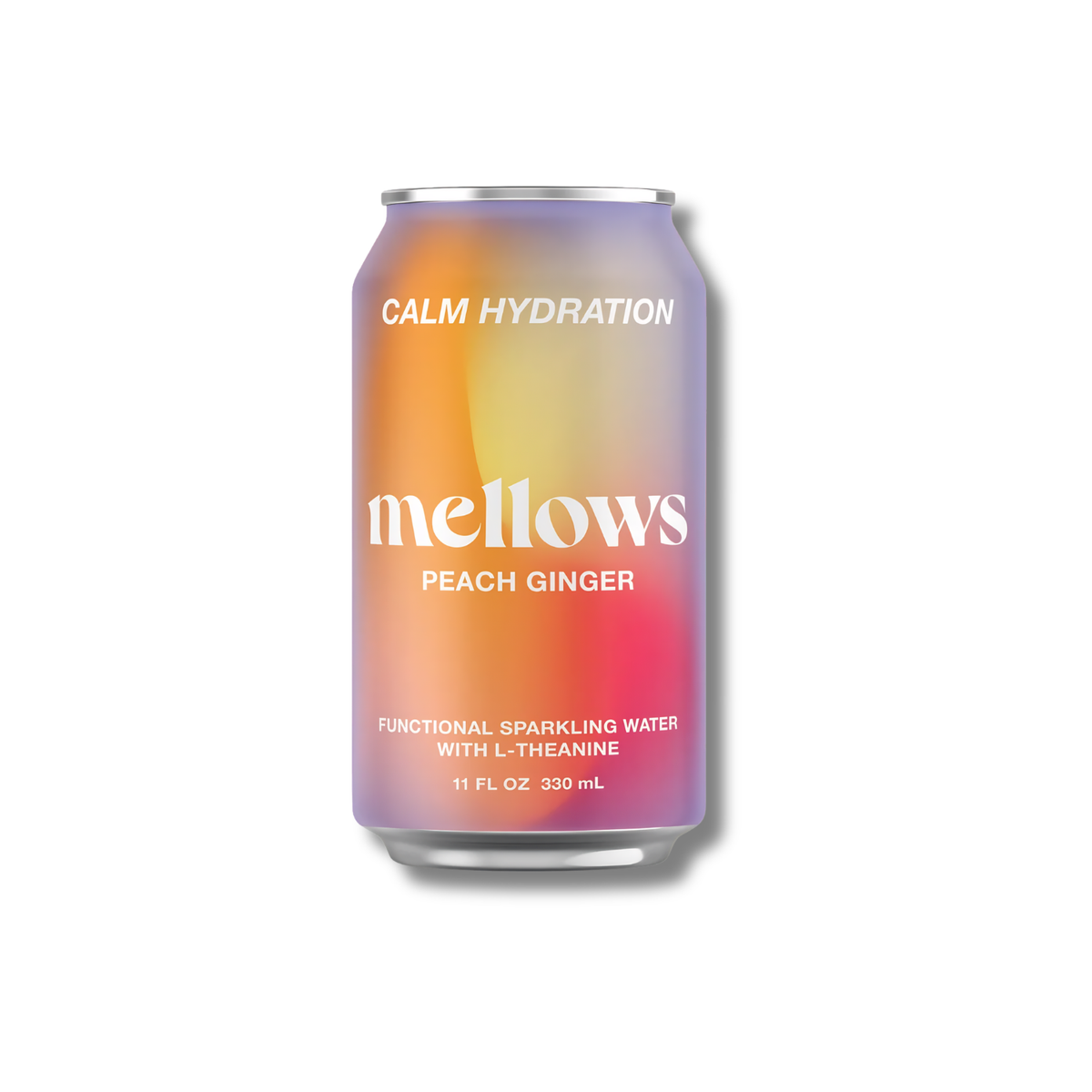 An 11 fl oz can of Mellows Calm Hydration Peach Ginger sparkling water, featuring a vibrant peach-to-pink gradient design with white text, shown on a clean white background with a soft drop shadow.