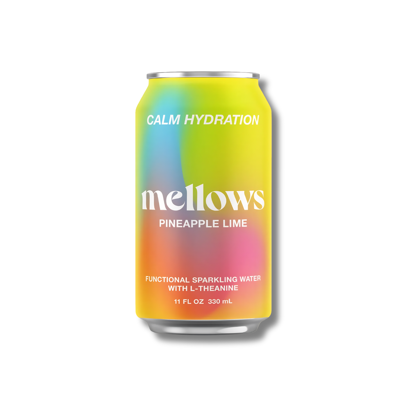 A single can of Mellows Pineapple Lime sparkling water on a plain white background. The can features a vibrant, iridescent gradient design transitioning from yellow and green to pink and blue, with white text reading 'mellows' and 'PINEAPPLE LIME'.
