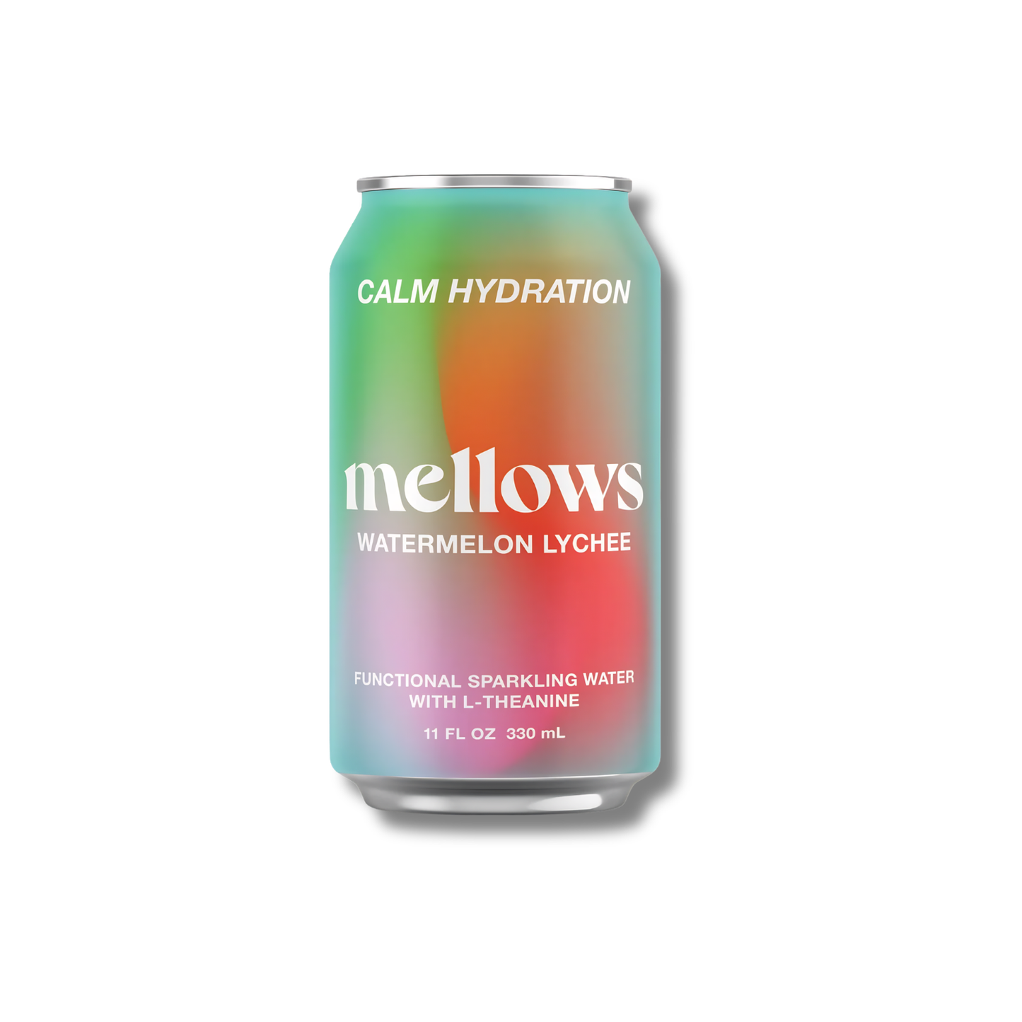 A 11 fl oz can of mellows Watermelon Lychee sparkling water, featuring a vibrant gradient label transitioning from teal to orange, yellow, and pink, with white text, shown on a white background with a soft drop shadow.