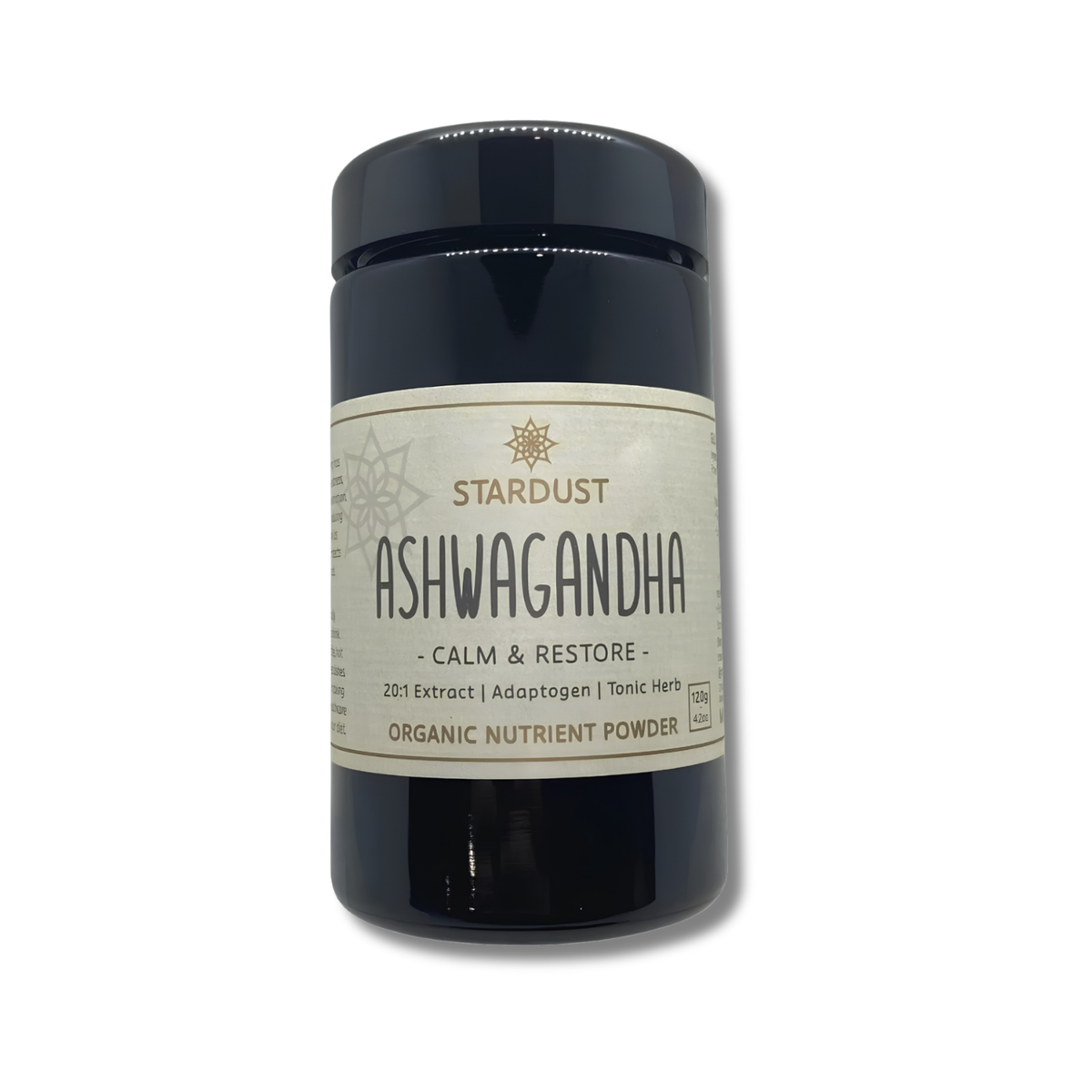 A black plastic jar of Stardust Ashwagandha Organic Nutrient Powder with a cream-colored label, shown on a white background with a soft drop shadow.