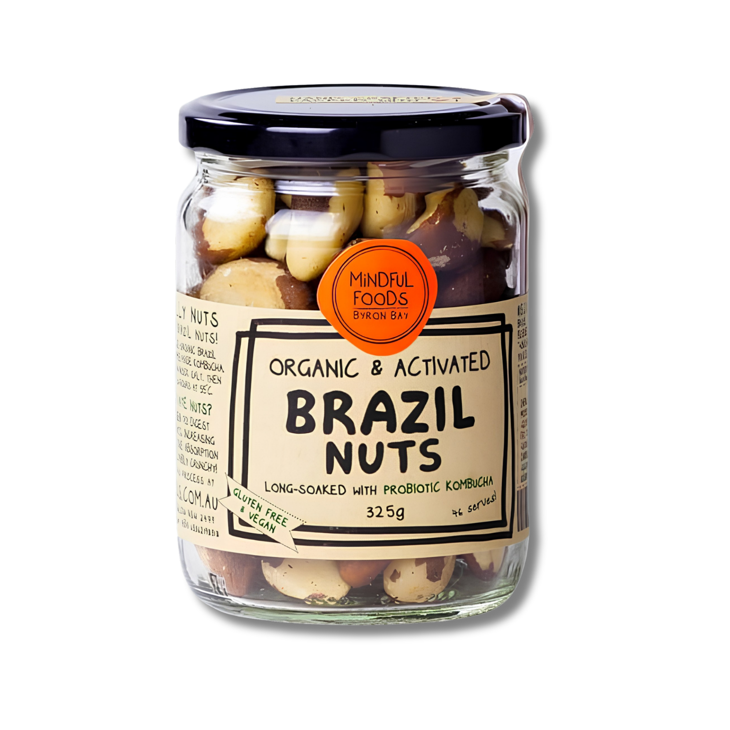 A glass jar of Mindful Foods Organic & Activated Brazil Nuts, 325g, with a black lid and a beige label, shown on a white background with a soft shadow.