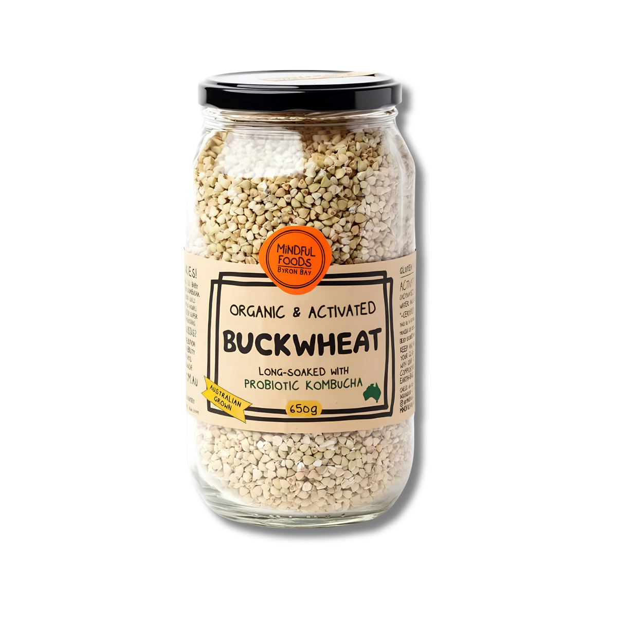 A 500g glass jar of Organic & Activated Buckwheat Long-Soaked with Probiotic Kombucha by Mindful Foods, featuring a black lid and a beige label, set against a plain white background.