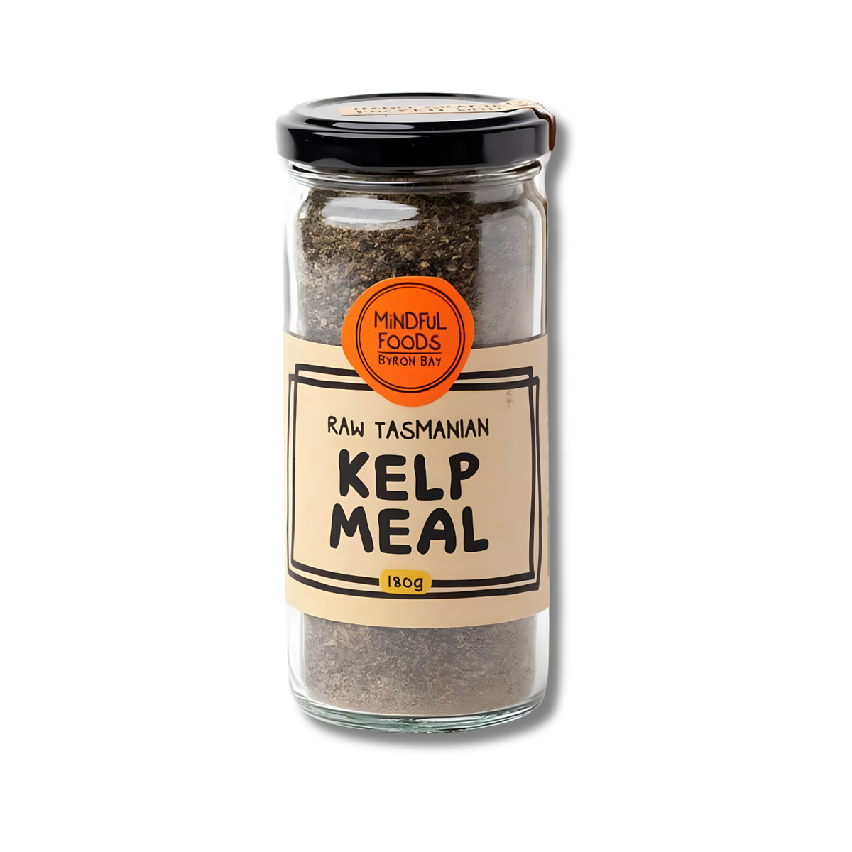 A glass jar of Mindful Foods Raw Tasmanian Kelp Meal, 180g, with a black lid and a beige label, shown on a white background with a soft shadow.