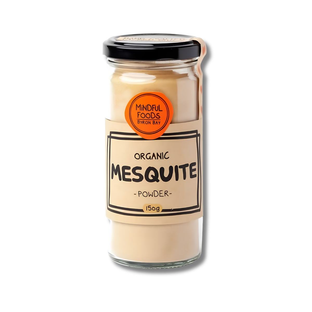 A 150g glass jar of Organic Mesquite Powder by Mindful Foods Simon Bay, featuring a beige label and black lid, set against a plain white background.