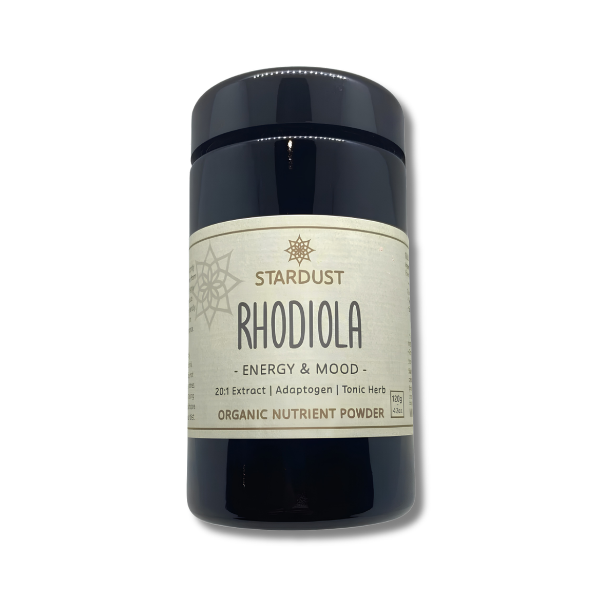 A black plastic jar of Stardust Rhodiola Organic Nutrient Powder with a cream-colored label, shown on a white background with a soft drop shadow.