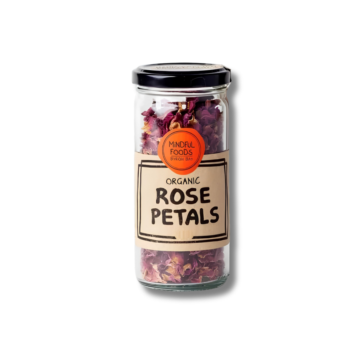 A glass jar of organic rose petals with a black lid and a beige label, shown on a white background with a soft shadow.