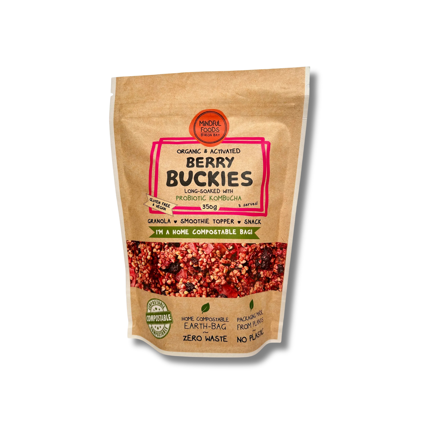 A 500g stand-up pouch of Mindful Foods Organic Activated Berry Buckies, featuring a brown kraft paper design with a pink and green label and a clear window showing the red-brown berry mixture inside.