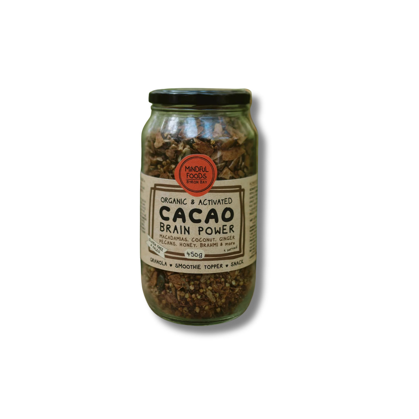 A glass jar of Mordial Forces Organic & Activated Cacao Brain Power, filled with a dark brown textured mixture and topped with a black lid, set against a plain white background with a soft drop shadow.