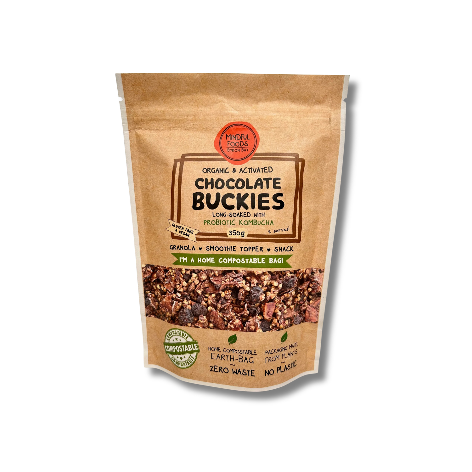 A 200g stand-up pouch of 'Chocolate Buckies' organic granola by Khadga Food Co. The packaging is made of brown kraft paper with a clear window showing the chocolate-coated granola inside.
