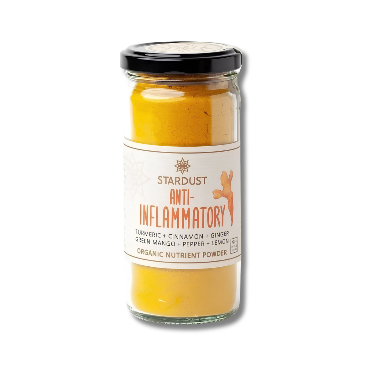 A glass jar of Stardust Anti-Inflammatory Turmeric Nutrient Powder with a black lid and a white label, set against a plain white background.