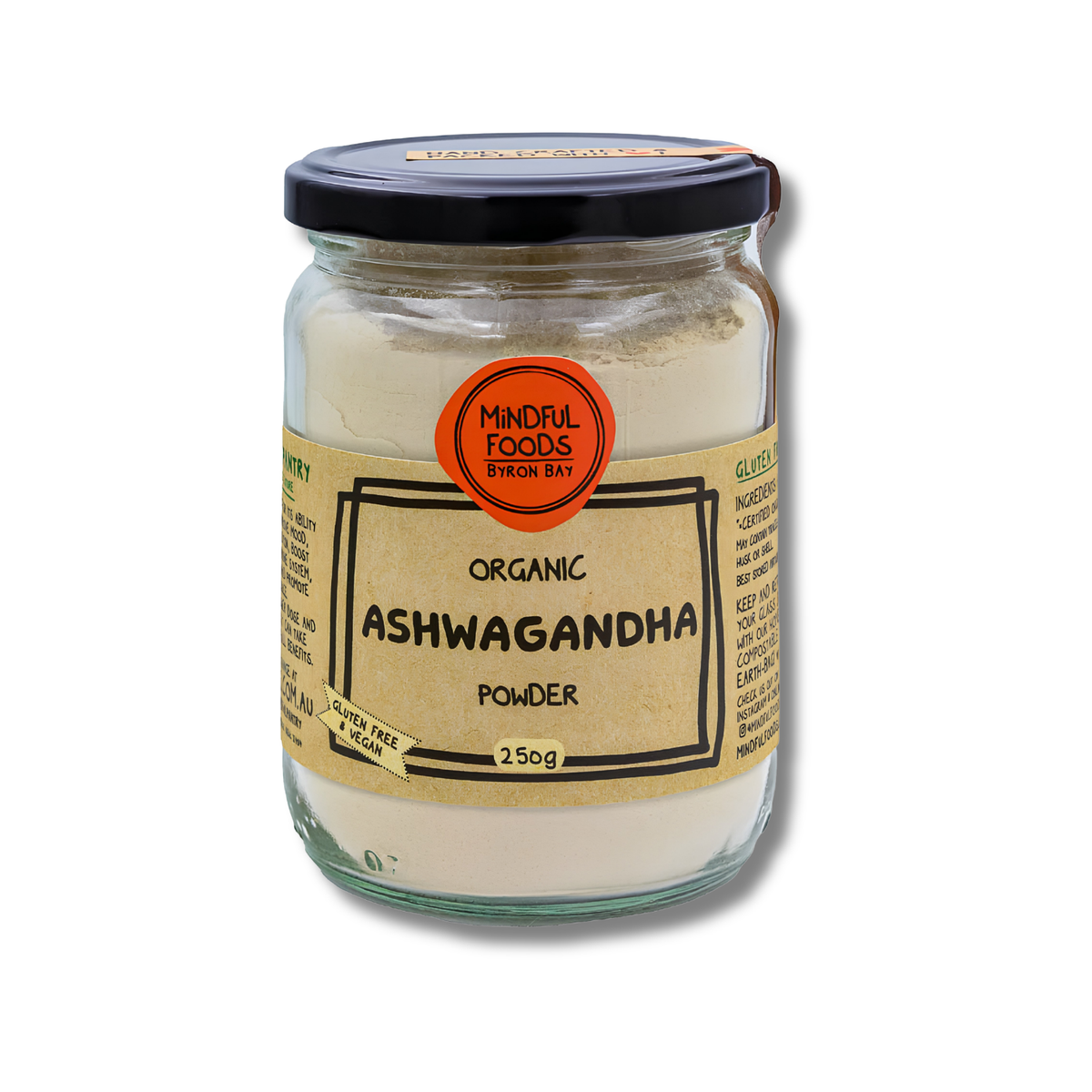 A glass jar of Mindful Foods Byron Bay Organic Ashwagandha Powder, featuring a beige label with black text and a black lid, set against a plain white background.