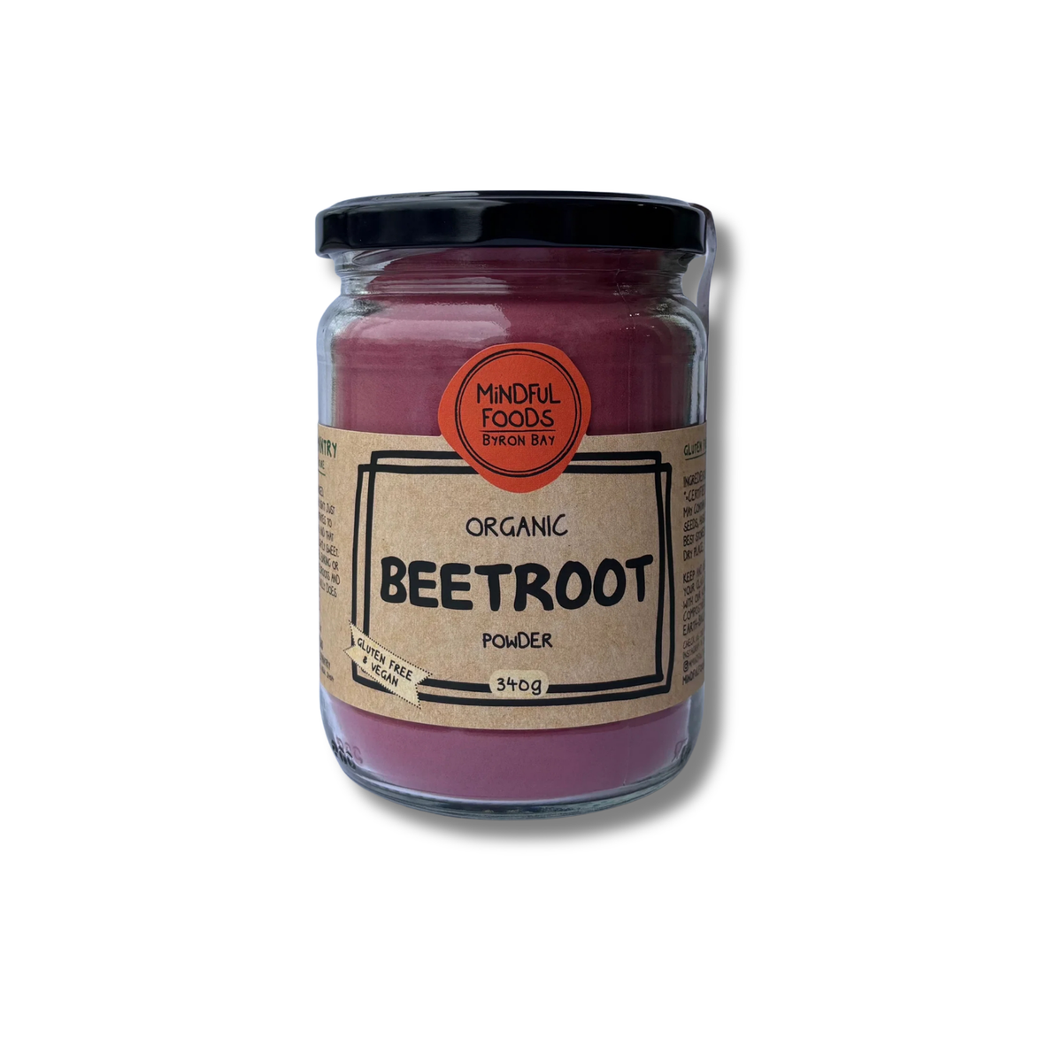 A glass jar of Mindful Foods Organic Beetroot Powder with a black lid and a kraft paper label, shown on a white background with a soft shadow.