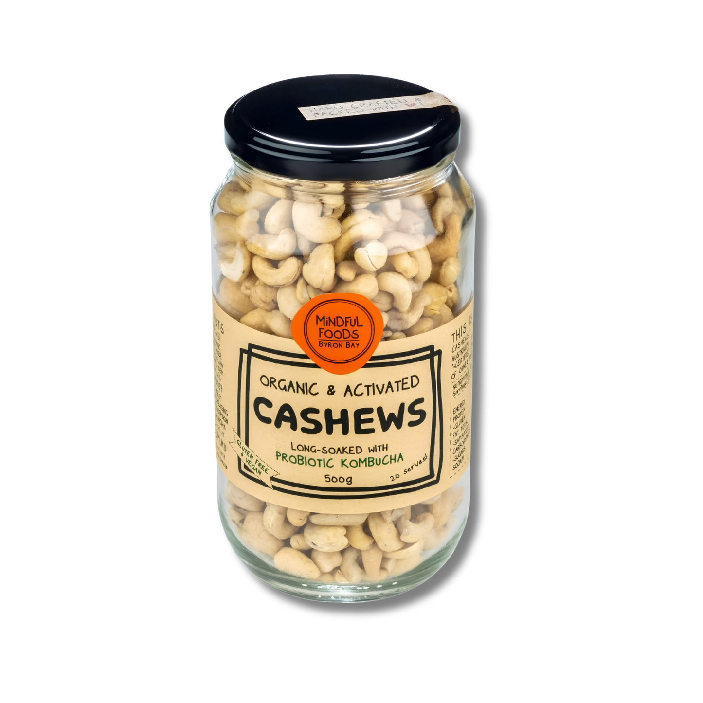 A glass jar of Minori Foods Freshly Activated Organic & Activated Cashews, filled with light beige cashews and sealed with a black lid, set against a plain white background.