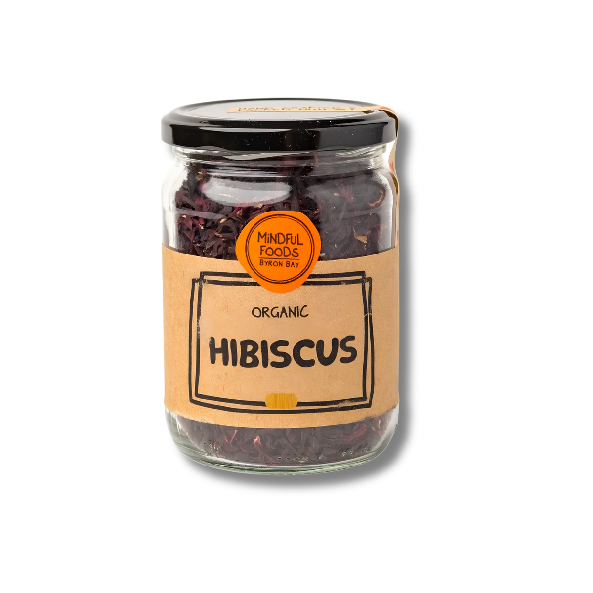 A glass jar of organic hibiscus tea with a black lid and a tan paper label, shown on a white background with a soft shadow.