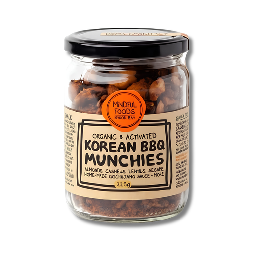 Kombucha Activated Korean BBQ Crunch is a crunchy savoury snack blend with activated nuts, lentils and Korean BBQ flavour.