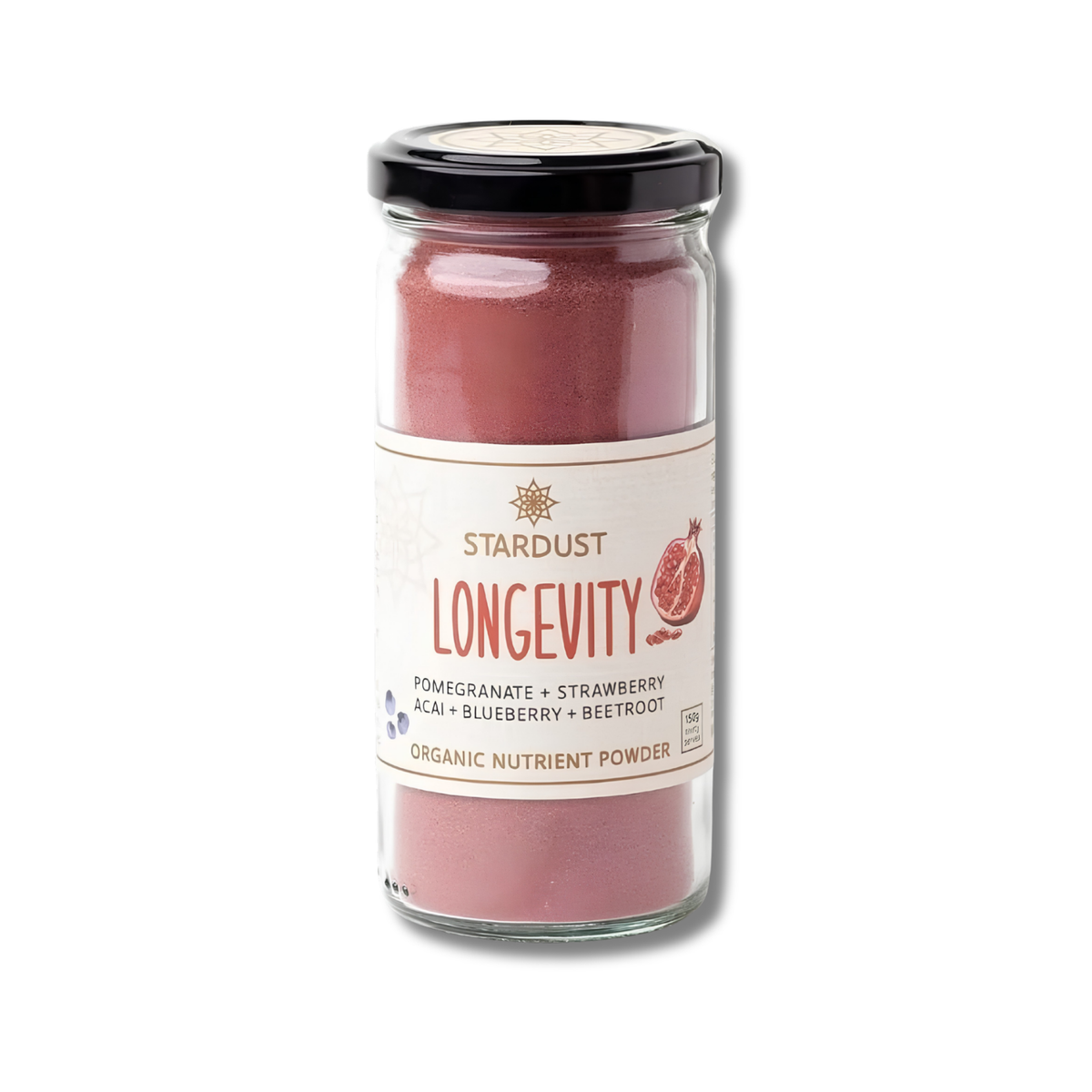 A glass jar of Stardust Longevity Organic Nutrient Powder, featuring a black lid and a cream-colored label with red and blue text, set against a plain white background.