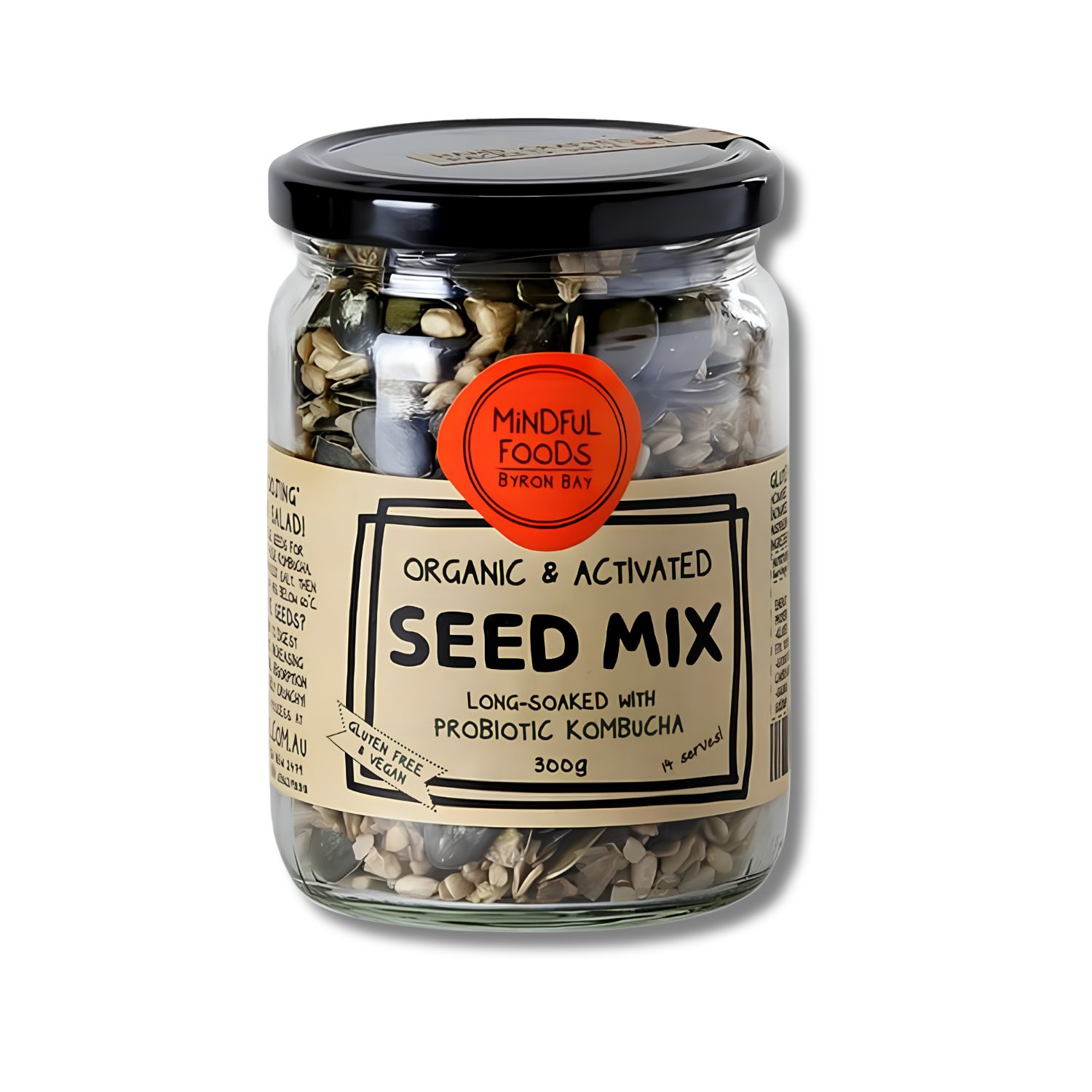 A 300g glass jar of Mindful Foods Byron Bay Organic & Activated Seed Mix with a black lid and beige label, shown on a white background with a soft shadow.