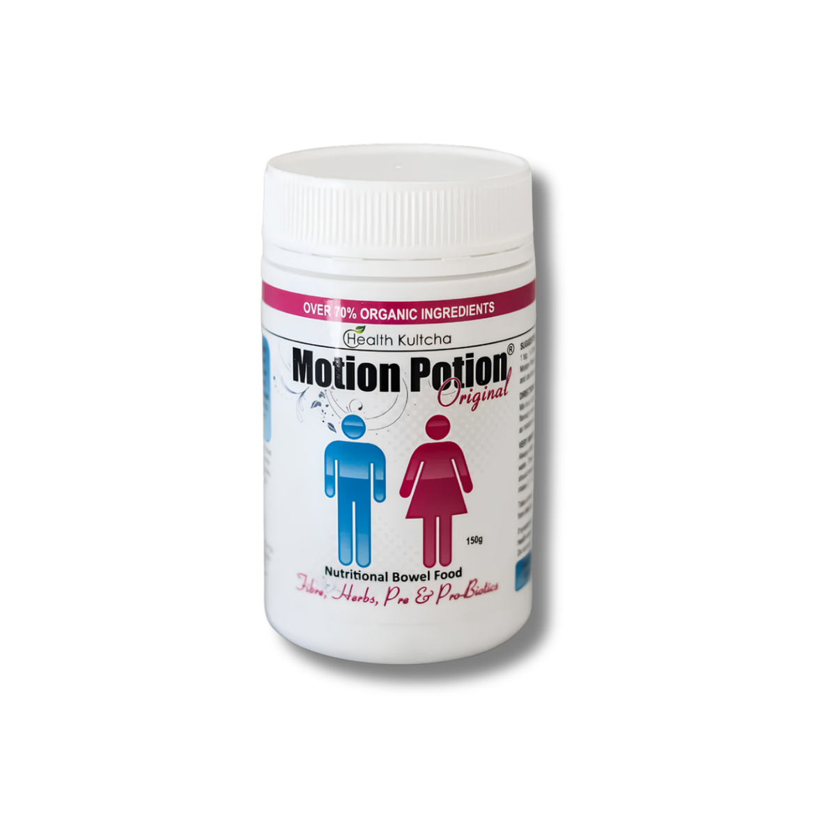 A white plastic bottle of Health Kultcha Motion Potion Original dietary supplement, featuring a white label with blue and red graphics of a male and female figure, set against a plain white background.