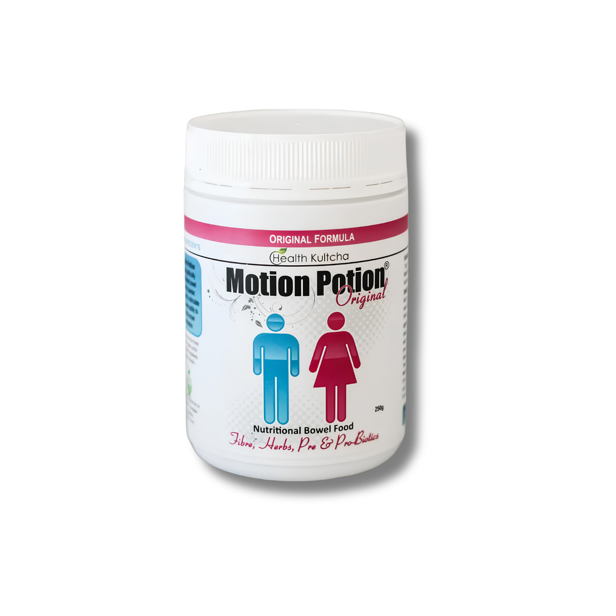 A white plastic bottle of Motion Potion Original by Dr. Srinivasa Kuressa, featuring a white label with pink accents and blue and red male/female icons, set against a plain white background.
