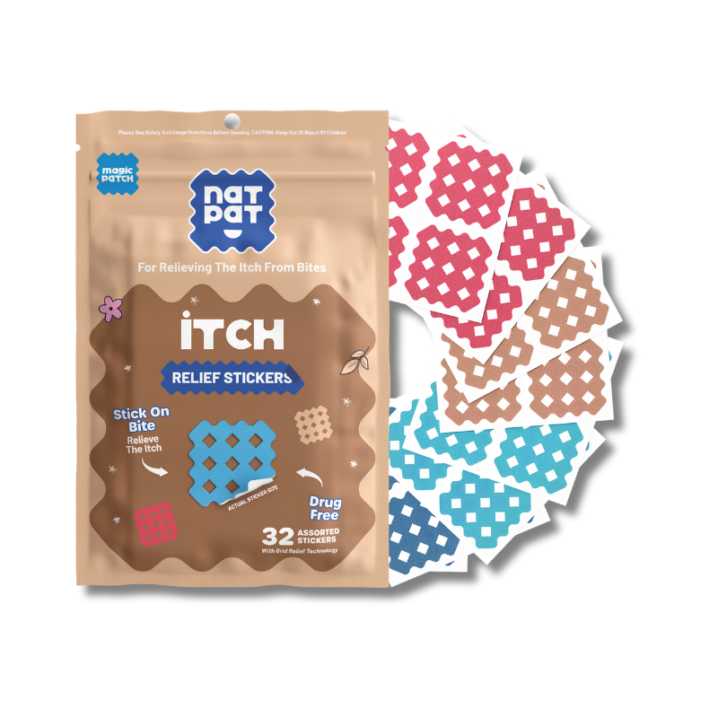 Nat Pat Itch Relief Stickers packaging with sample stickers on a white background