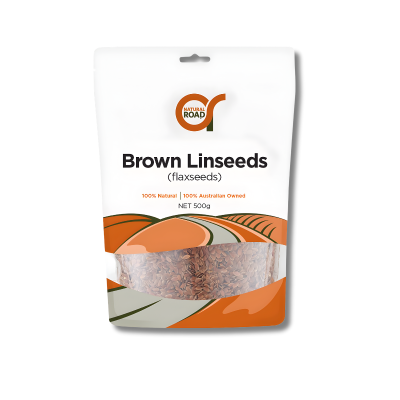 Package of brown linseeds with a visible brand logo on a white background